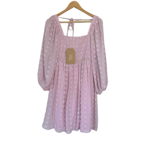 Listicle Dresses & Skirts - Listicle Medium Sheer Long Sleeve Square Neckline Smocked Bodice Polka Dot Pink